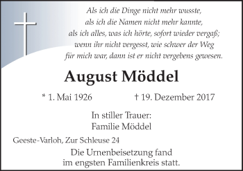 Traueranzeige von August Möddel von Neue Osnabrücker Zeitung GmbH & Co. KG