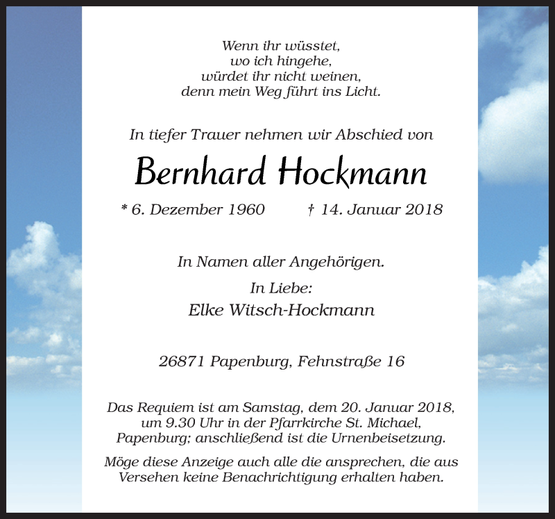  Traueranzeige für Bernhard Hockmann vom 17.01.2018 aus Neue Osnabrücker Zeitung GmbH & Co. KG