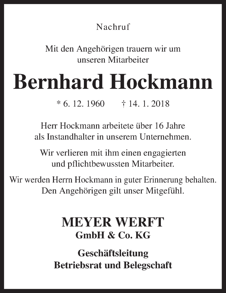  Traueranzeige für Bernhard Hockmann vom 18.01.2018 aus Neue Osnabrücker Zeitung GmbH & Co. KG
