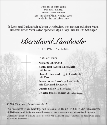 Traueranzeige von Bernhard Landwehr von Neue Osnabrücker Zeitung GmbH & Co. KG