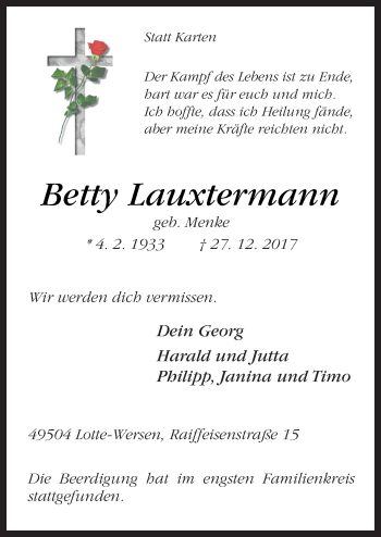 Traueranzeige von Betty Lauxtermann von Neue Osnabrücker Zeitung GmbH & Co. KG