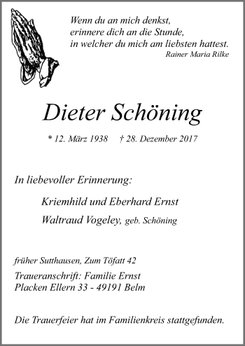 Traueranzeige von Dieter Schöning von Neue Osnabrücker Zeitung GmbH & Co. KG