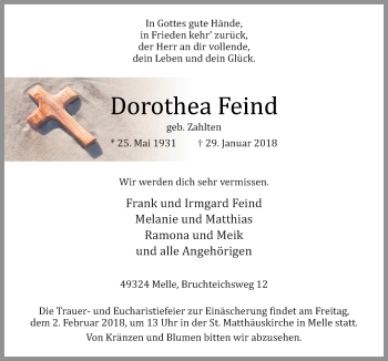 Traueranzeige von Dorothea Feind von Neue Osnabrücker Zeitung GmbH & Co. KG