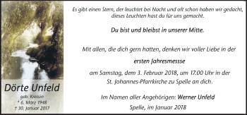 Traueranzeige von Dörte Unfeld von Neue Osnabrücker Zeitung GmbH & Co. KG