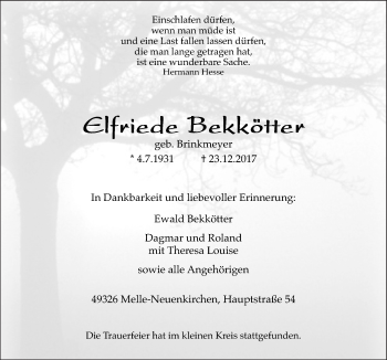 Traueranzeige von Elfriede Bekkötter von Neue Osnabrücker Zeitung GmbH & Co. KG