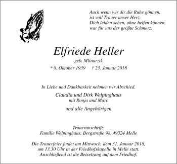 Traueranzeige von Elfriede Heller von Neue Osnabrücker Zeitung GmbH & Co. KG