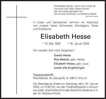 Traueranzeige von Elisabeth Hesse von Neue Osnabrücker Zeitung GmbH & Co. KG
