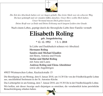 Traueranzeige von Elisabeth Roling von Neue Osnabrücker Zeitung GmbH & Co. KG