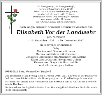 Traueranzeige von Elisabeth Vor der Landwehr von Neue Osnabrücker Zeitung GmbH & Co. KG