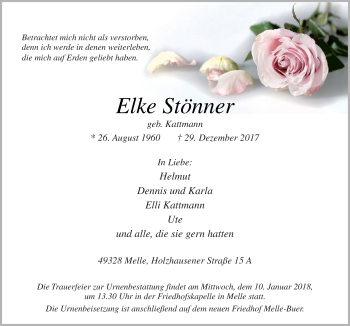 Traueranzeige von Elke Stönner von Neue Osnabrücker Zeitung GmbH & Co. KG