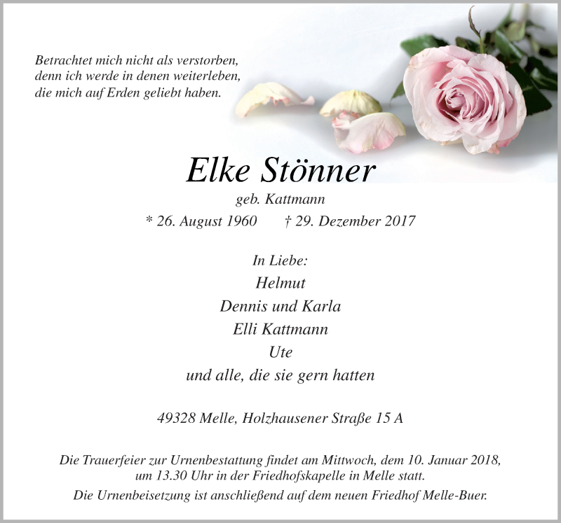  Traueranzeige für Elke Stönner vom 05.01.2018 aus Neue Osnabrücker Zeitung GmbH & Co. KG