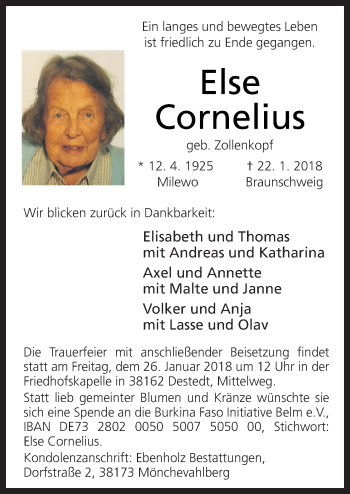 Traueranzeige von Else Cornelius von Neue Osnabrücker Zeitung GmbH & Co. KG