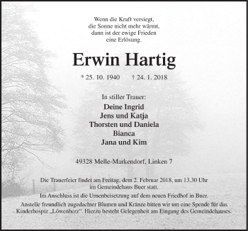 Traueranzeige von Erwin Hartig von Neue Osnabrücker Zeitung GmbH & Co. KG