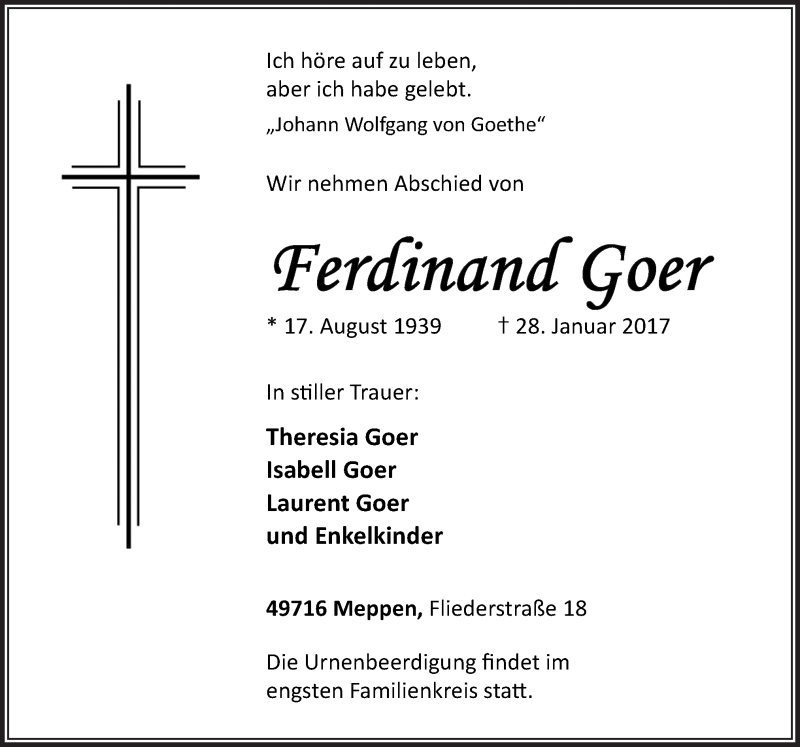  Traueranzeige für Ferdinand Goer vom 31.01.2018 aus Neue Osnabrücker Zeitung GmbH & Co. KG