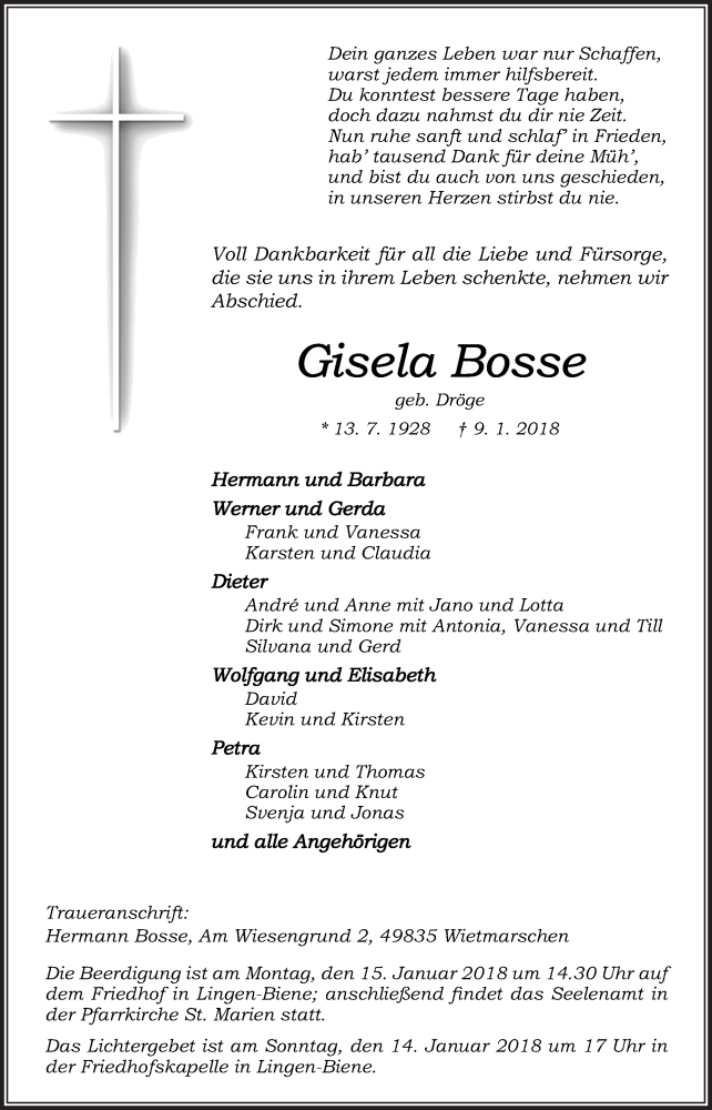  Traueranzeige für Gisela Bosse vom 12.01.2018 aus Neue Osnabrücker Zeitung GmbH & Co. KG