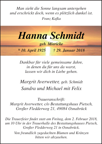 Traueranzeige von Hanna Schmidt von Neue Osnabrücker Zeitung GmbH & Co. KG