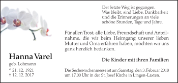 Traueranzeige von Hanna Varel von Neue Osnabrücker Zeitung GmbH & Co. KG