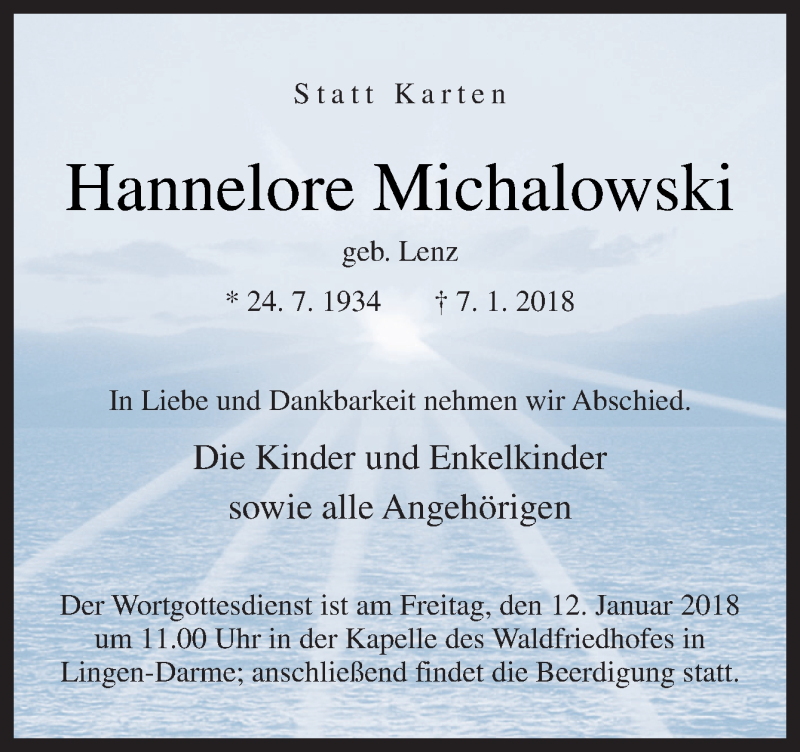  Traueranzeige für Hannelore Michalowski vom 09.01.2018 aus Neue Osnabrücker Zeitung GmbH & Co. KG
