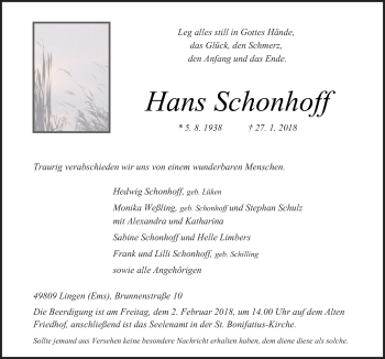 Traueranzeige von Hans Schonhoff von Neue Osnabrücker Zeitung GmbH & Co. KG