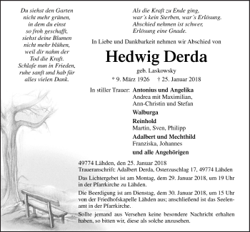 Traueranzeige von Hedwig Derda von Neue Osnabrücker Zeitung GmbH & Co. KG