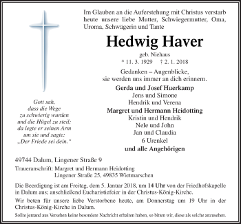 Traueranzeige von Hedwig Haver von Neue Osnabrücker Zeitung GmbH & Co. KG