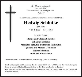 Traueranzeige von Hedwig Schlütke von Neue Osnabrücker Zeitung GmbH & Co. KG