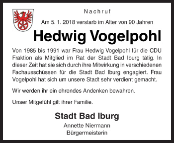 Traueranzeige von Hedwig Vogelpohl von Neue Osnabrücker Zeitung GmbH & Co. KG
