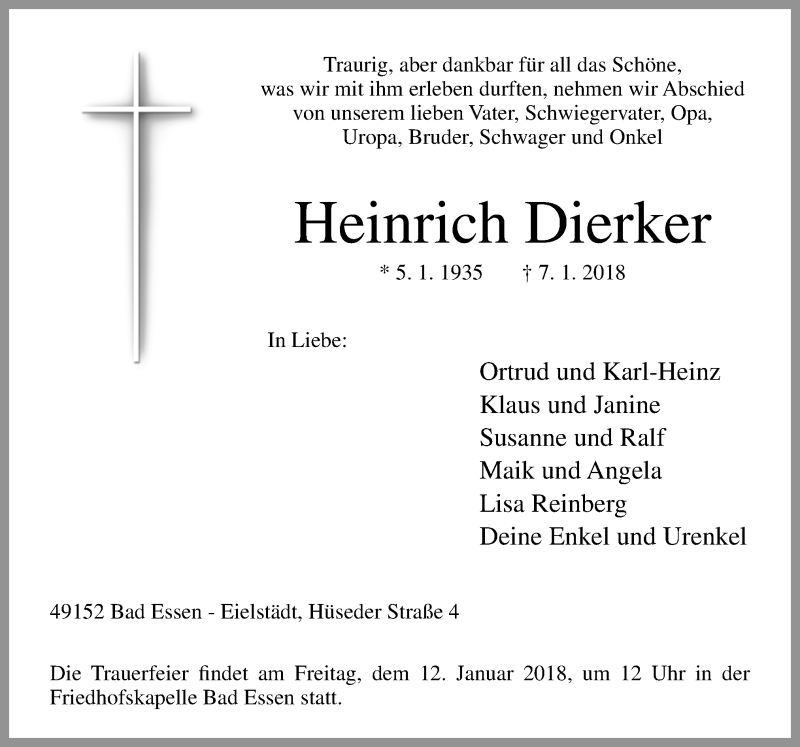  Traueranzeige für Heinrich Dierker vom 09.01.2018 aus Neue Osnabrücker Zeitung GmbH & Co. KG