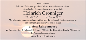 Traueranzeige von Heinrich Grönniger von Neue Osnabrücker Zeitung GmbH & Co. KG