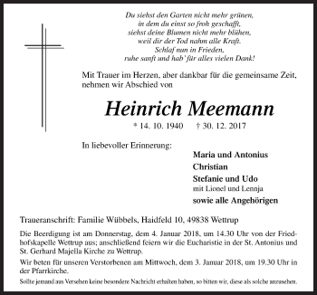 Traueranzeige von Heinrich Meemann von Neue Osnabrücker Zeitung GmbH & Co. KG