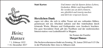 Traueranzeige von Heinz Hanses von Neue Osnabrücker Zeitung GmbH & Co. KG