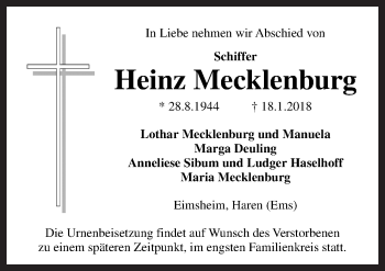 Traueranzeige von Heinz Mecklenburg von Neue Osnabrücker Zeitung GmbH & Co. KG