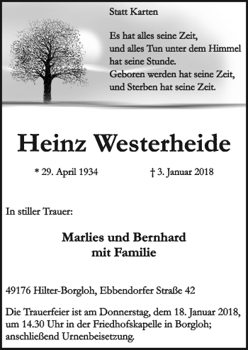 Traueranzeige von Heinz Westerheide von Neue Osnabrücker Zeitung GmbH & Co. KG