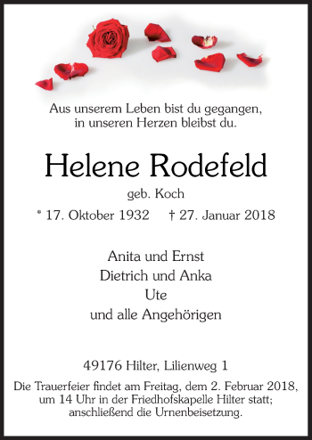 Traueranzeige von Helene Rodefeld von Neue Osnabrücker Zeitung GmbH & Co. KG