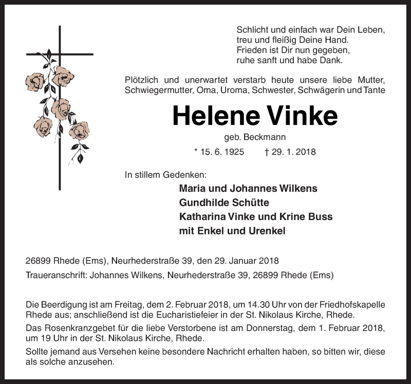  Traueranzeige für Helene Vinke vom 31.01.2018 aus Neue Osnabrücker Zeitung GmbH & Co. KG