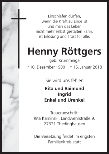 Traueranzeige von Henny Röttgers von Neue Osnabrücker Zeitung GmbH & Co. KG
