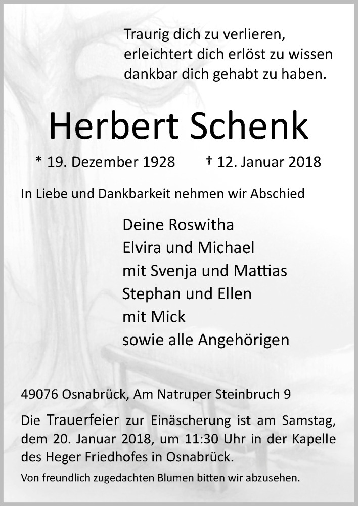  Traueranzeige für Herbert Schenk vom 17.01.2018 aus Neue Osnabrücker Zeitung GmbH & Co. KG