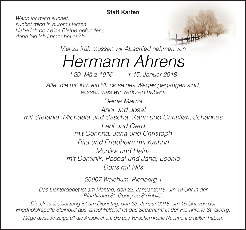  Traueranzeige für Hermann Ahrens vom 18.01.2018 aus Neue Osnabrücker Zeitung GmbH & Co. KG