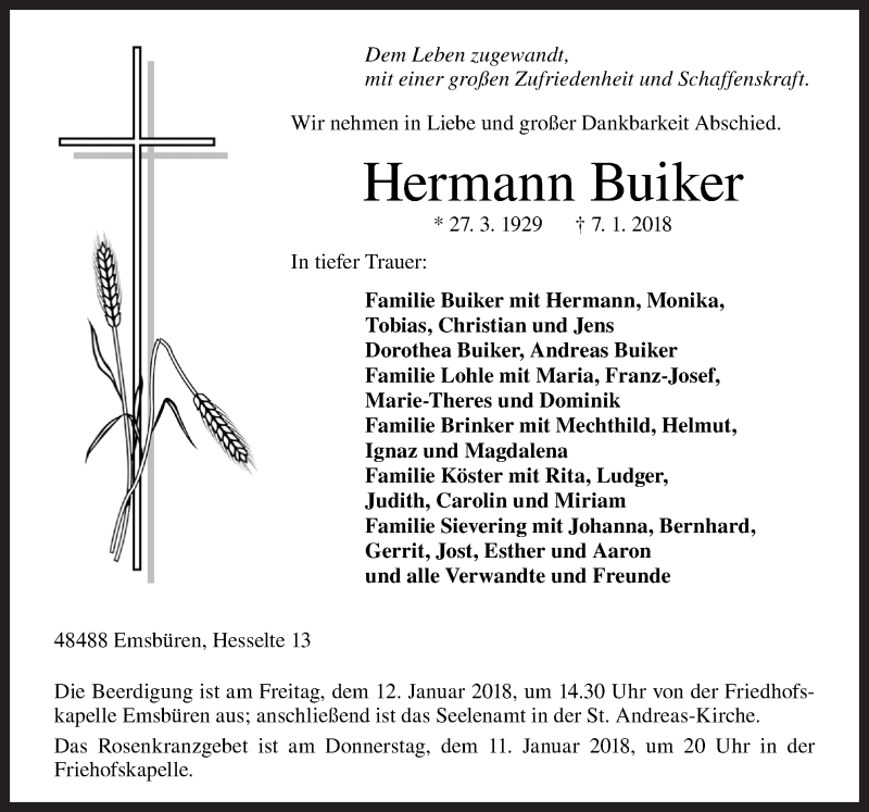  Traueranzeige für Hermann Buiker vom 10.01.2018 aus Neue Osnabrücker Zeitung GmbH & Co. KG