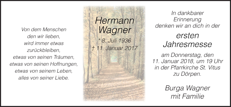  Traueranzeige für Hermann Wagner vom 11.01.2018 aus Neue Osnabrücker Zeitung GmbH & Co. KG