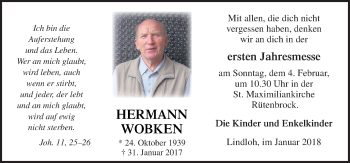 Traueranzeige von Hermann Wobken von Neue Osnabrücker Zeitung GmbH & Co. KG