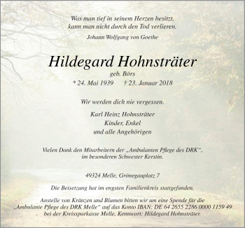 Traueranzeige von Hildegard Hohnsträter von Neue Osnabrücker Zeitung GmbH & Co. KG