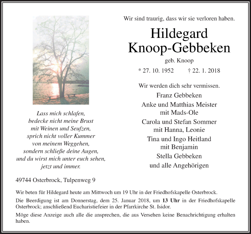  Traueranzeige für Hildegard Knoop-Gebbeken vom 24.01.2018 aus Neue Osnabrücker Zeitung GmbH & Co. KG