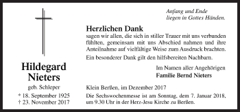 Traueranzeige von Hildegard Nieters von Neue Osnabrücker Zeitung GmbH & Co. KG