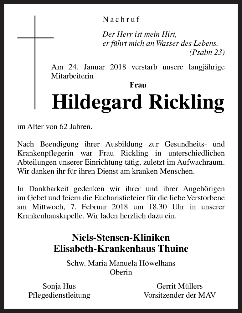  Traueranzeige für Hildegard Rickling vom 30.01.2018 aus Neue Osnabrücker Zeitung GmbH & Co. KG