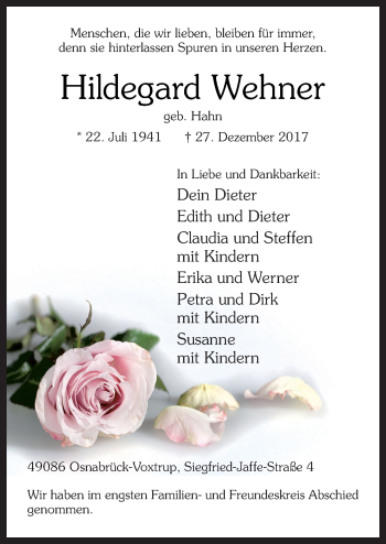 Traueranzeige von Hildegard Wehner von Neue Osnabrücker Zeitung GmbH & Co. KG