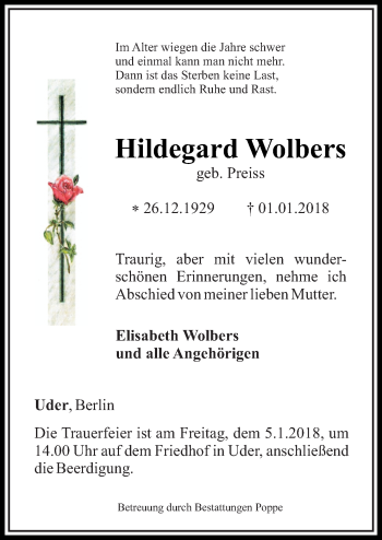 Traueranzeige von Hildegard Wolbers von Neue Osnabrücker Zeitung GmbH & Co. KG