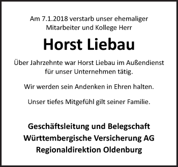 Traueranzeige von Horst Liebau von Neue Osnabrücker Zeitung GmbH & Co. KG
