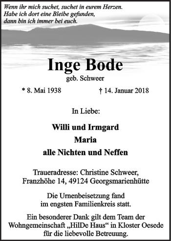 Traueranzeige von Inge Bode von Neue Osnabrücker Zeitung GmbH & Co. KG