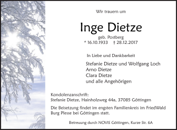 Traueranzeige von Inge Dietze von Neue Osnabrücker Zeitung GmbH & Co. KG